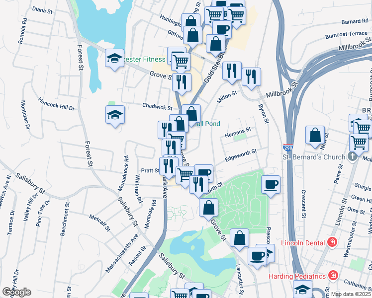 map of restaurants, bars, coffee shops, grocery stores, and more near 300 Grove St in Worcester
