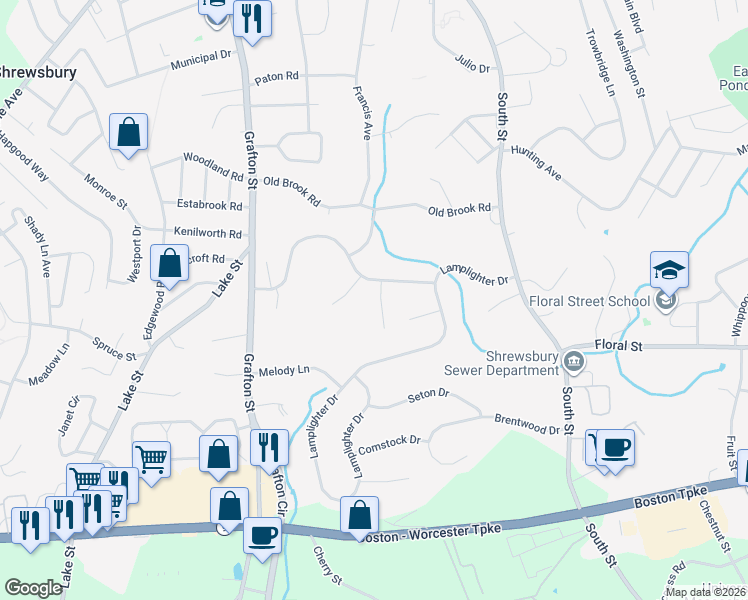 map of restaurants, bars, coffee shops, grocery stores, and more near 5 Horseneck Road in Shrewsbury
