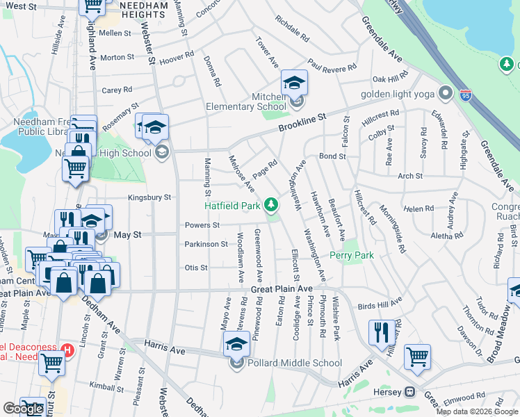 map of restaurants, bars, coffee shops, grocery stores, and more near 89 Melrose Avenue in Needham