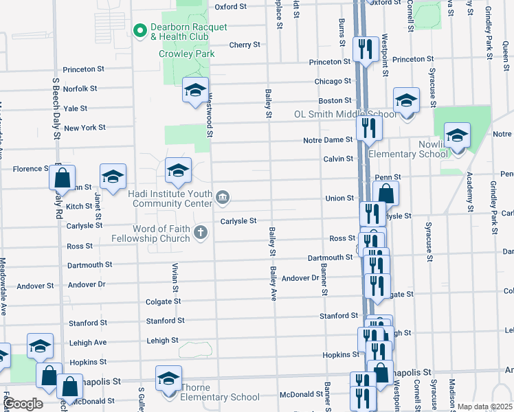 map of restaurants, bars, coffee shops, grocery stores, and more near 24604 Carlysle Street in Dearborn