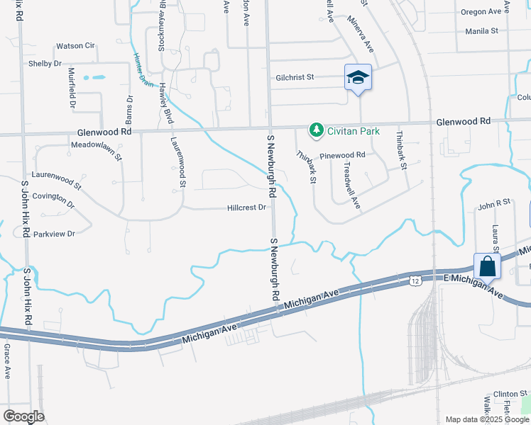 map of restaurants, bars, coffee shops, grocery stores, and more near 37501 Hillcrest Drive in Wayne