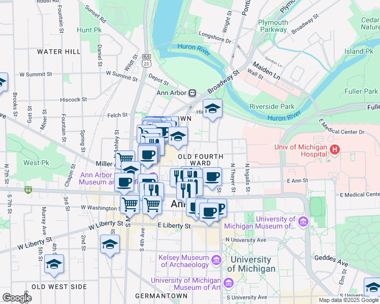map of restaurants, bars, coffee shops, grocery stores, and more near 401 Lawrence Street in Ann Arbor