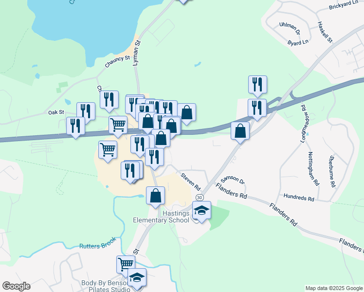 map of restaurants, bars, coffee shops, grocery stores, and more near 114 Turnpike Road in Westborough