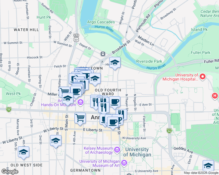 map of restaurants, bars, coffee shops, grocery stores, and more near 515 Lawrence Street in Ann Arbor