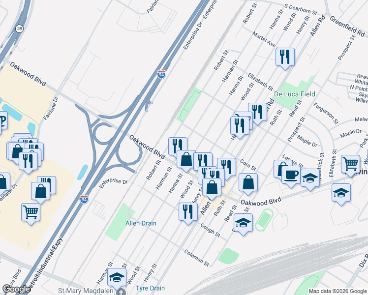 map of restaurants, bars, coffee shops, grocery stores, and more near 18317 Harman Street in Melvindale