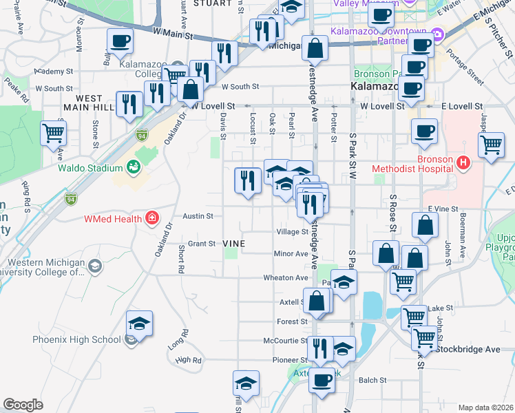 map of restaurants, bars, coffee shops, grocery stores, and more near 817 Locust Place in Kalamazoo
