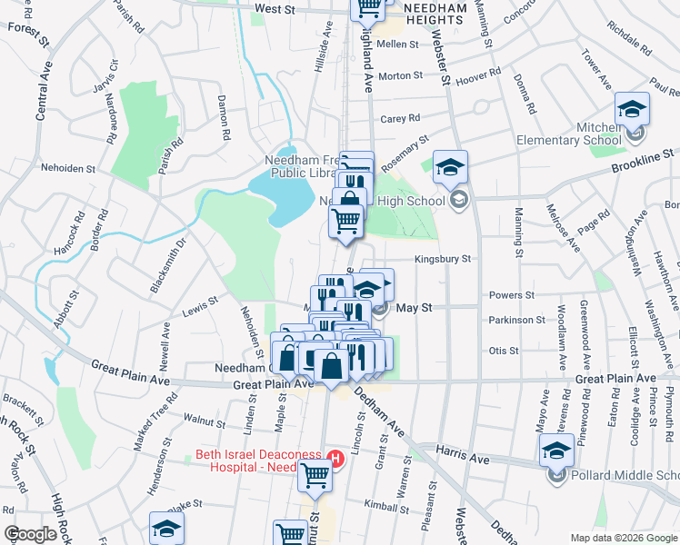 map of restaurants, bars, coffee shops, grocery stores, and more near in Needham