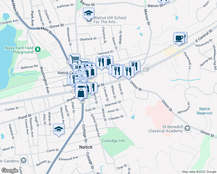 map of restaurants, bars, coffee shops, grocery stores, and more near 7 Wilson Street in Natick