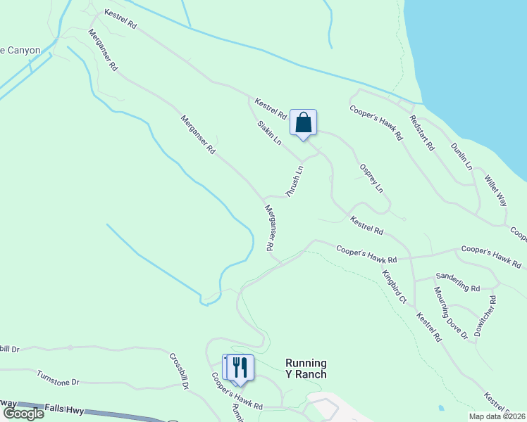map of restaurants, bars, coffee shops, grocery stores, and more near 11128 Merganser Road in Klamath Falls