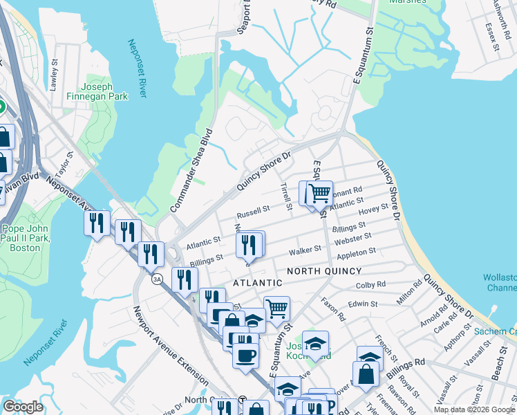map of restaurants, bars, coffee shops, grocery stores, and more near 178 Atlantic Street in Quincy