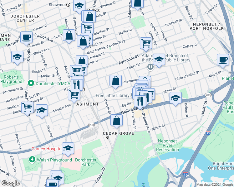 map of restaurants, bars, coffee shops, grocery stores, and more near 287 Minot Street in Boston