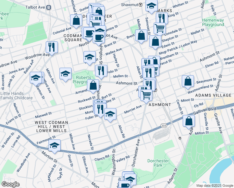 map of restaurants, bars, coffee shops, grocery stores, and more near 6 Atherstone Street in Boston