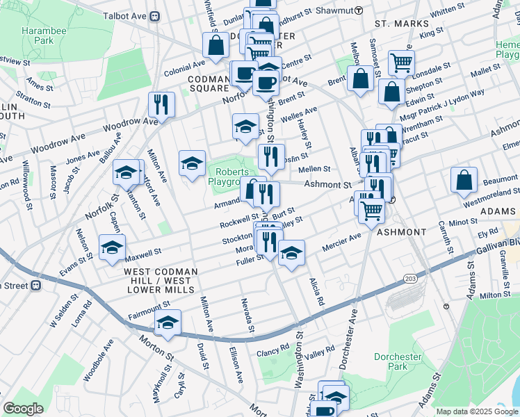 map of restaurants, bars, coffee shops, grocery stores, and more near 815 Washington Street in Boston