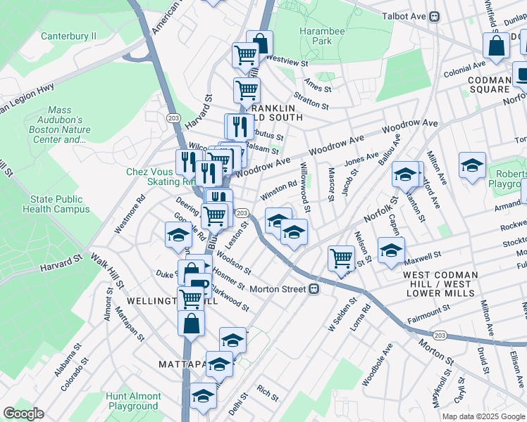 map of restaurants, bars, coffee shops, grocery stores, and more near 757 Morton Street in Boston
