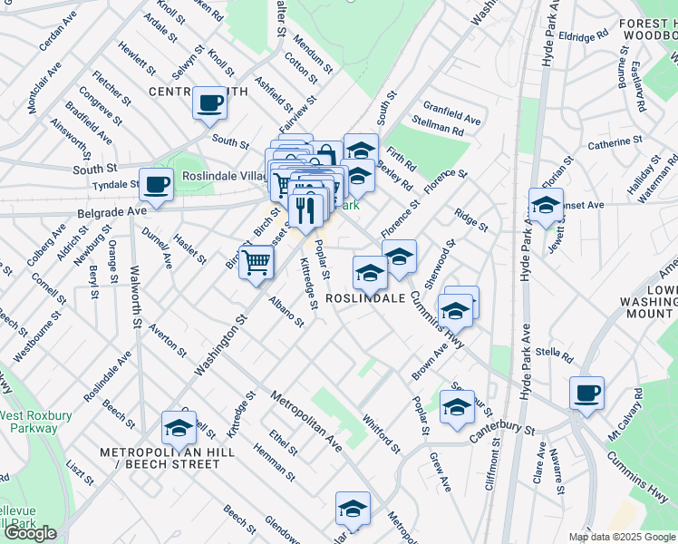 map of restaurants, bars, coffee shops, grocery stores, and more near 133 Poplar Street in Boston