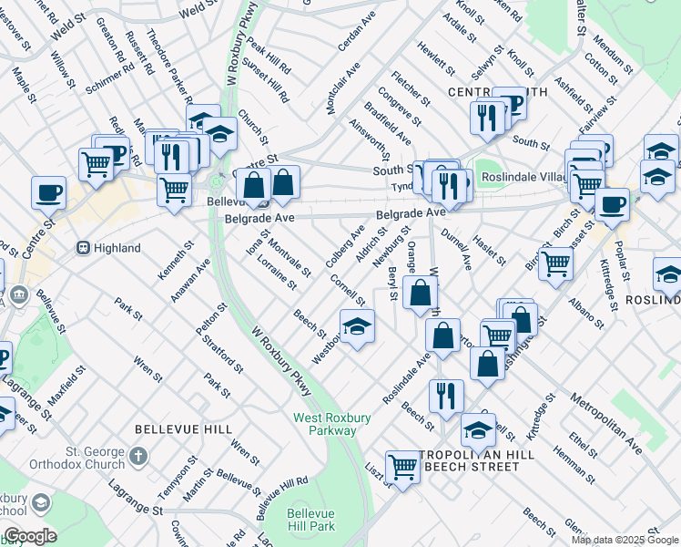 map of restaurants, bars, coffee shops, grocery stores, and more near 100 Aldrich Street in Boston
