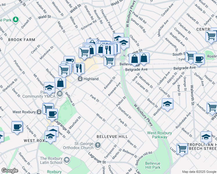 map of restaurants, bars, coffee shops, grocery stores, and more near 105 Anawan Avenue in Boston