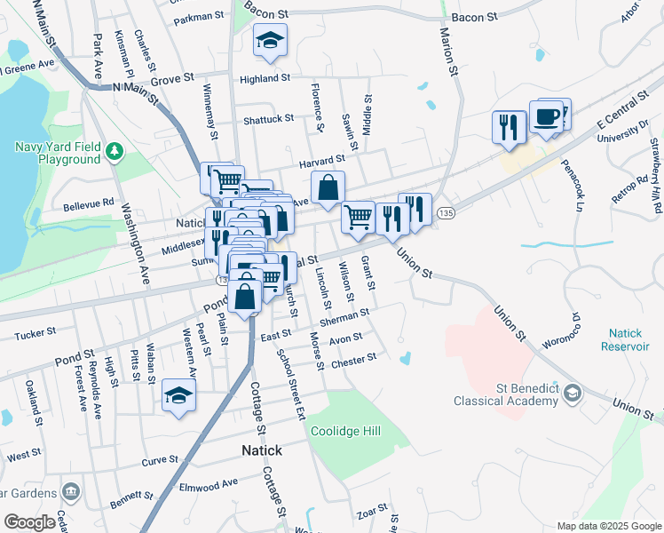 map of restaurants, bars, coffee shops, grocery stores, and more near 7 Wilson Street in Natick
