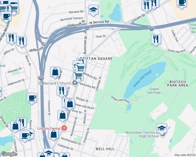 map of restaurants, bars, coffee shops, grocery stores, and more near 38 Uxbridge Street in Worcester
