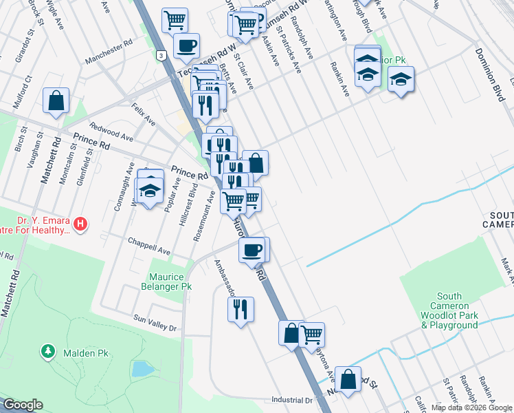 map of restaurants, bars, coffee shops, grocery stores, and more near 1800 Huron Church Road in Windsor