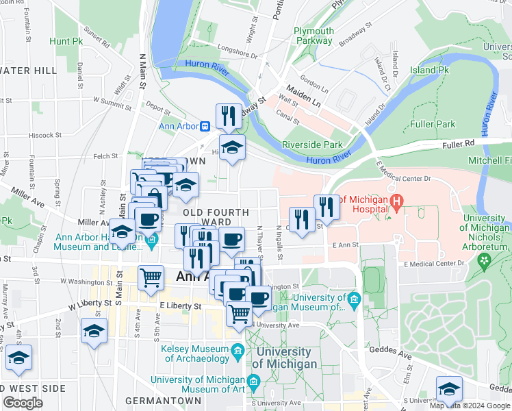 map of restaurants, bars, coffee shops, grocery stores, and more near 314 North State Street in Ann Arbor