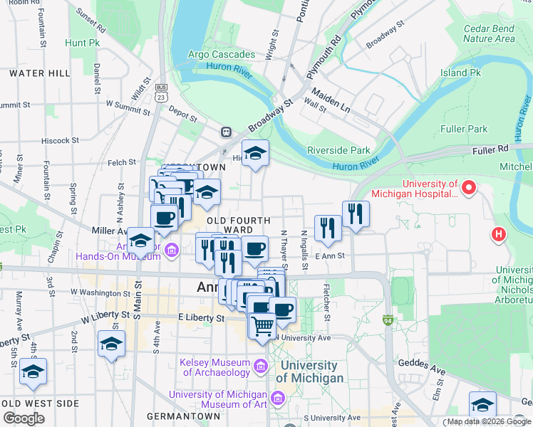 map of restaurants, bars, coffee shops, grocery stores, and more near 314 North State Street in Ann Arbor