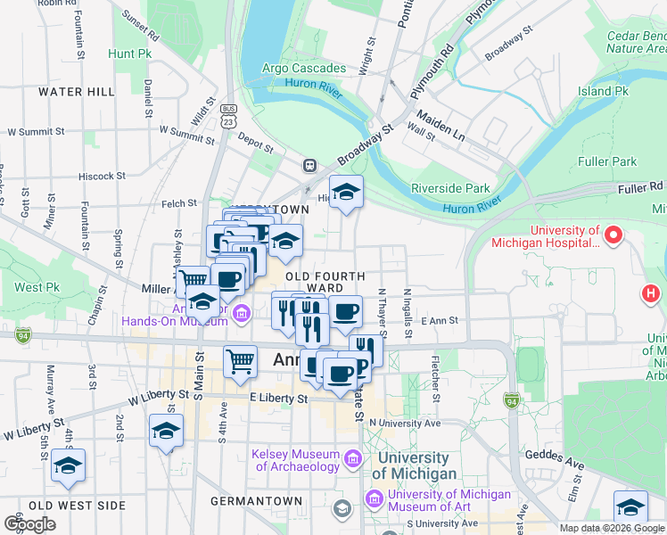 map of restaurants, bars, coffee shops, grocery stores, and more near in Ann Arbor