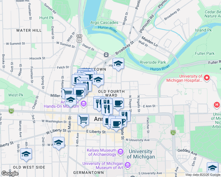 map of restaurants, bars, coffee shops, grocery stores, and more near in Ann Arbor