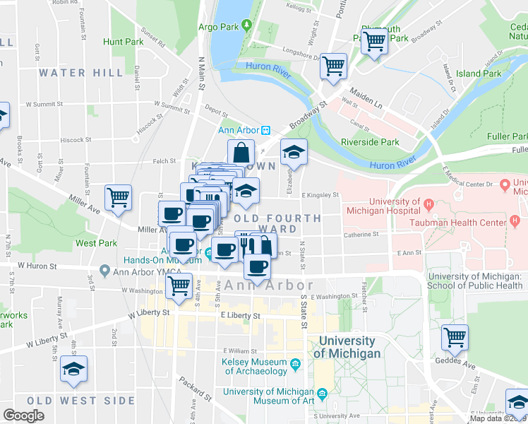 map of restaurants, bars, coffee shops, grocery stores, and more near in Ann Arbor