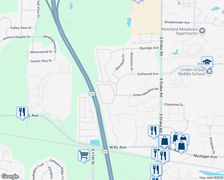 map of restaurants, bars, coffee shops, grocery stores, and more near 690 Dragonfly Road in Kalamazoo