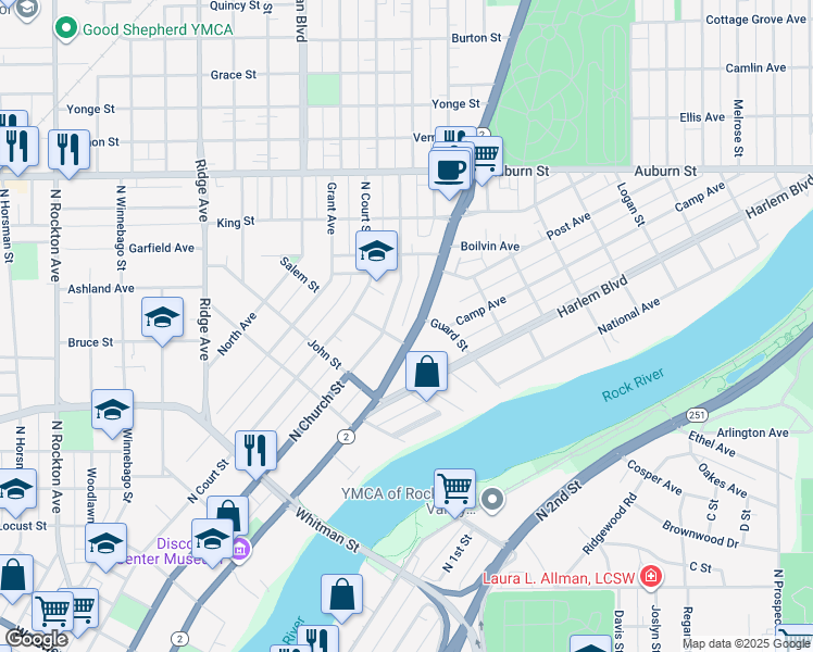 map of restaurants, bars, coffee shops, grocery stores, and more near 314 Salem Street in Rockford