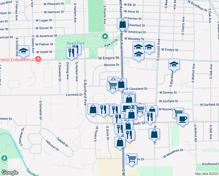 map of restaurants, bars, coffee shops, grocery stores, and more near 905 West Cleveland Street in Freeport