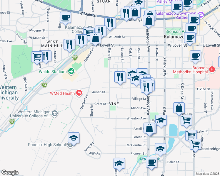 map of restaurants, bars, coffee shops, grocery stores, and more near W Vine St & Davis St in Kalamazoo