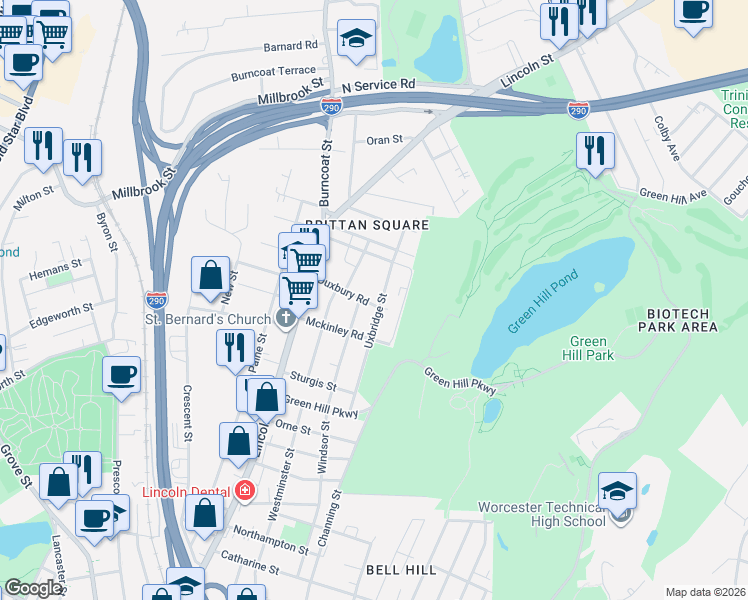 map of restaurants, bars, coffee shops, grocery stores, and more near 38 Uxbridge Street in Worcester
