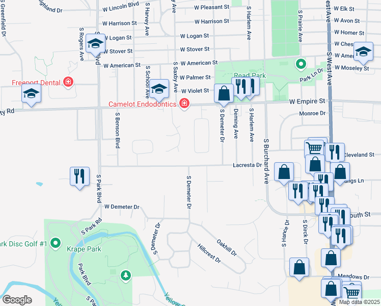 map of restaurants, bars, coffee shops, grocery stores, and more near 1244 Lacresta Drive in Freeport