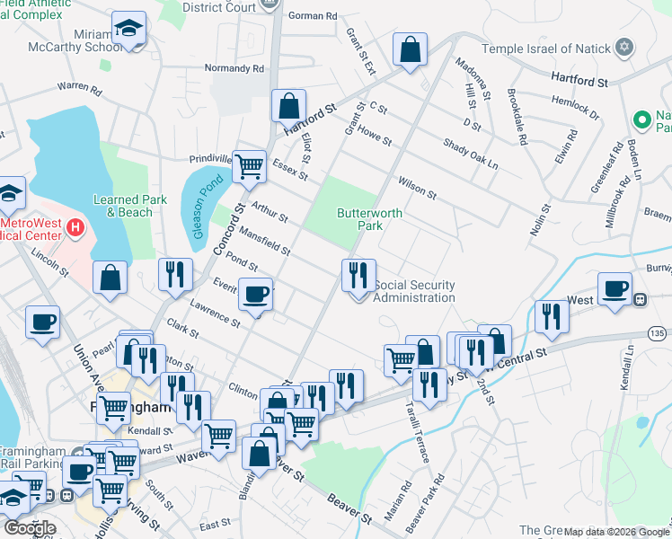 map of restaurants, bars, coffee shops, grocery stores, and more near 171 Bishop Street in Framingham