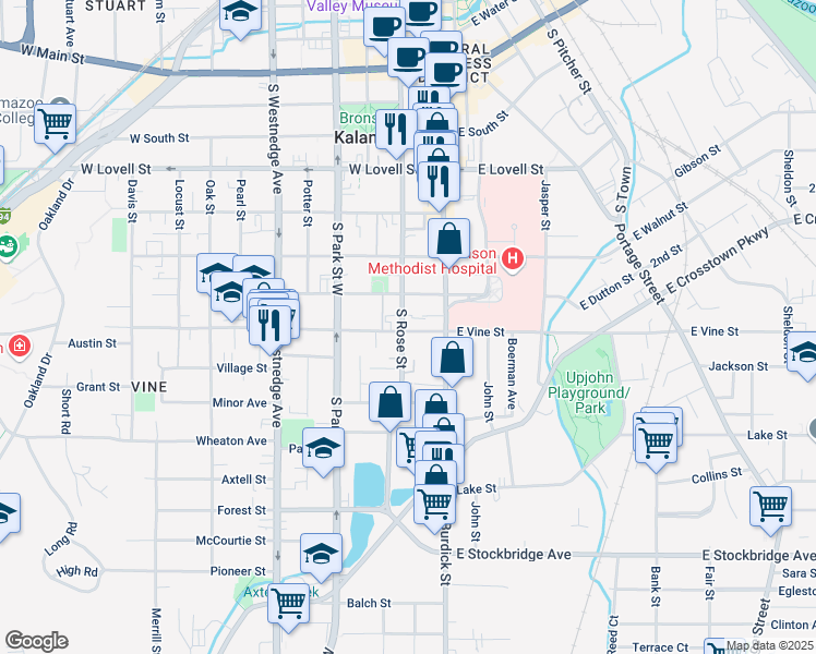 map of restaurants, bars, coffee shops, grocery stores, and more near 729 South Rose Street in Kalamazoo