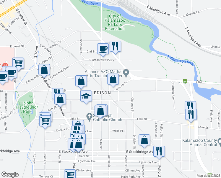 map of restaurants, bars, coffee shops, grocery stores, and more near 1207 East Vine Street in Kalamazoo