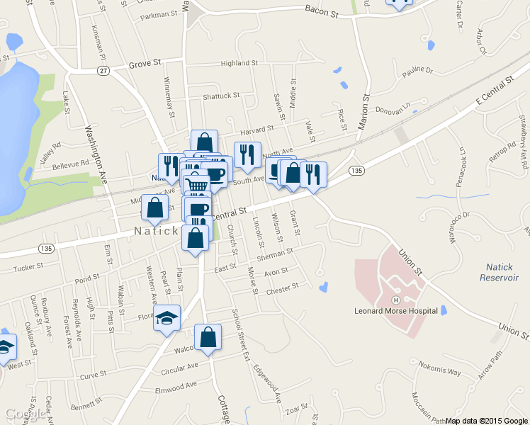 map of restaurants, bars, coffee shops, grocery stores, and more near 45 East Central Street in Natick