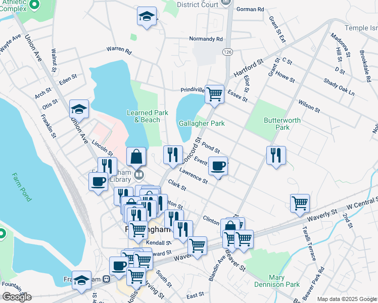 map of restaurants, bars, coffee shops, grocery stores, and more near 15 Everit Avenue in Framingham