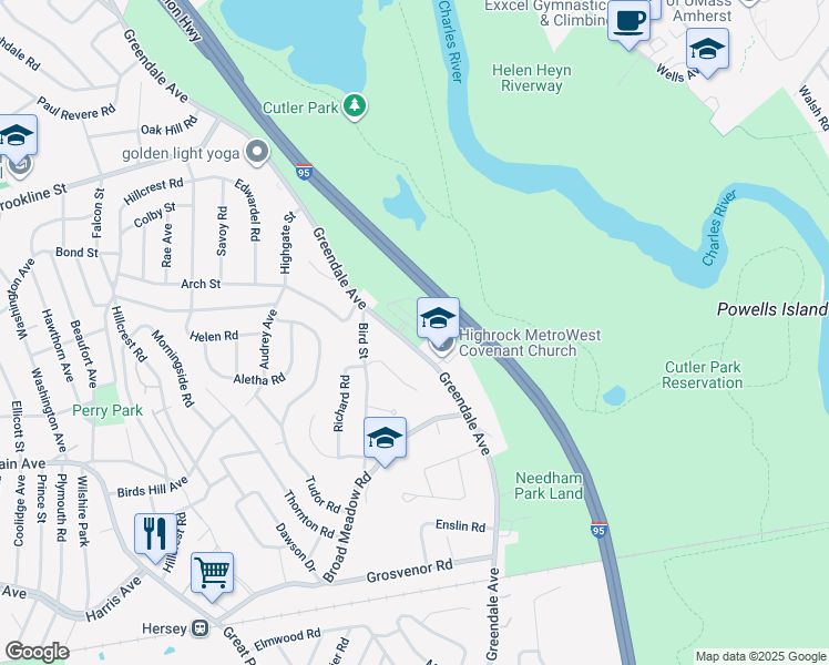map of restaurants, bars, coffee shops, grocery stores, and more near 700 Greendale Avenue in Needham