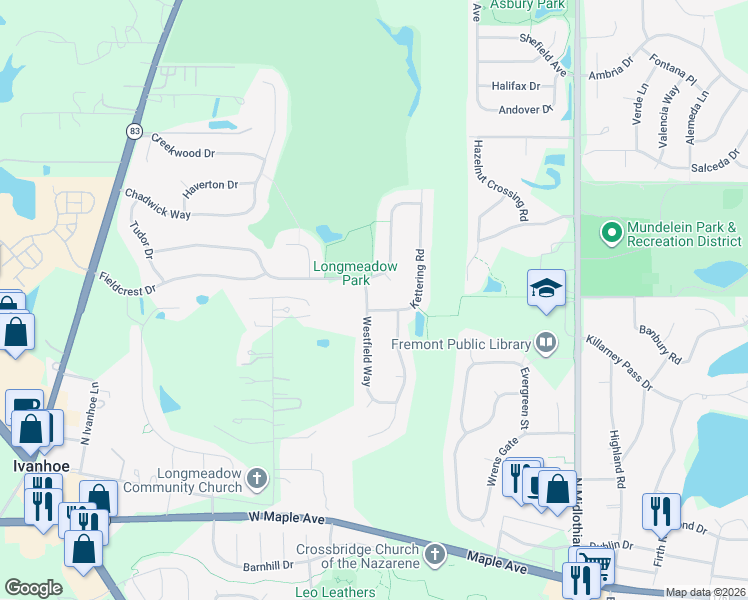 map of restaurants, bars, coffee shops, grocery stores, and more near 1301 Kettering Road in Mundelein