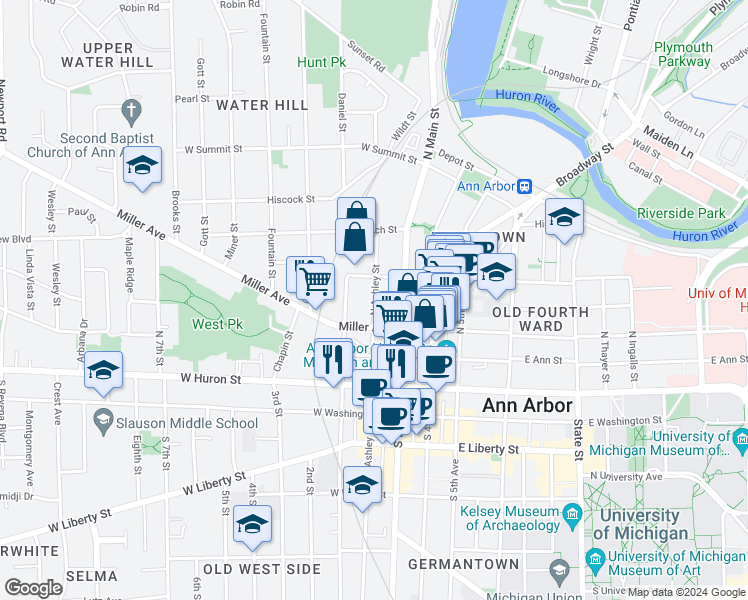 map of restaurants, bars, coffee shops, grocery stores, and more near 407 North Ashley Street in Ann Arbor