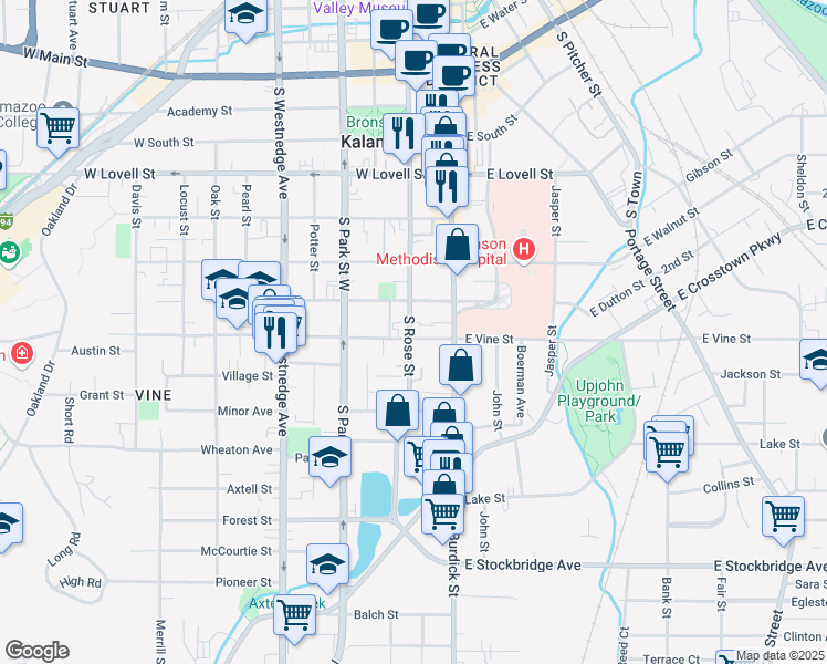 map of restaurants, bars, coffee shops, grocery stores, and more near 725 South Rose Street in Kalamazoo