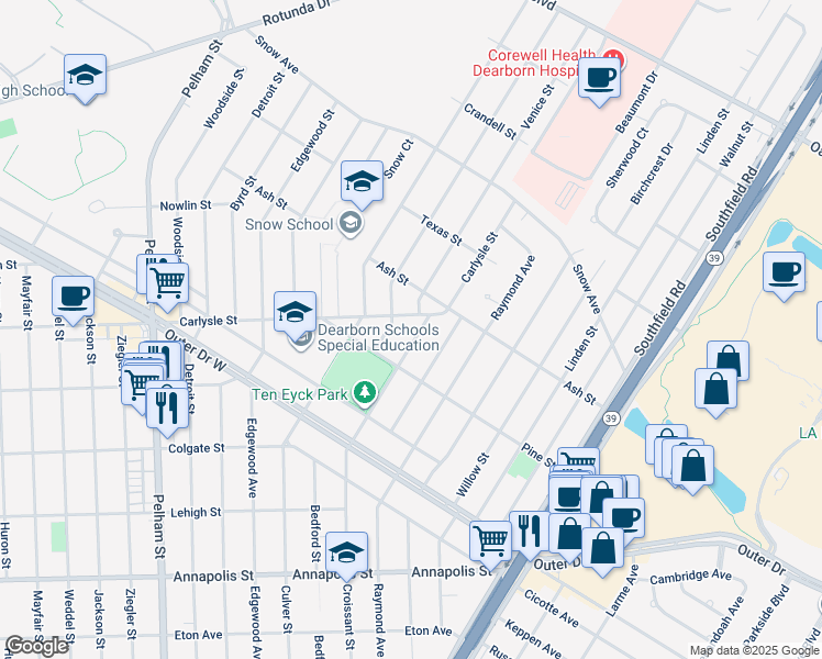map of restaurants, bars, coffee shops, grocery stores, and more near 3337 Croissant Street in Dearborn
