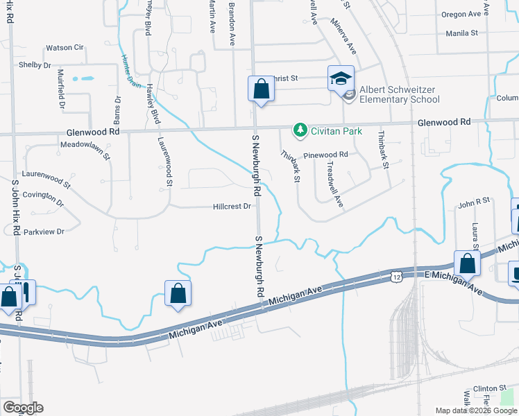 map of restaurants, bars, coffee shops, grocery stores, and more near 37501 Hillcrest Drive in Wayne