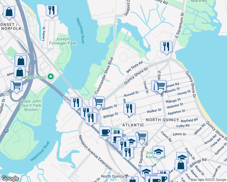 map of restaurants, bars, coffee shops, grocery stores, and more near 2 Russell Street in Quincy
