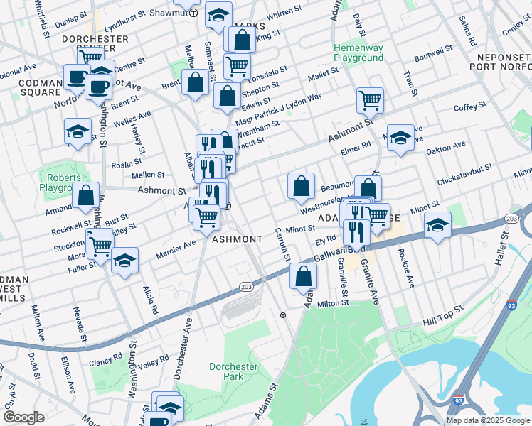 map of restaurants, bars, coffee shops, grocery stores, and more near 41 Carruth Street in Boston