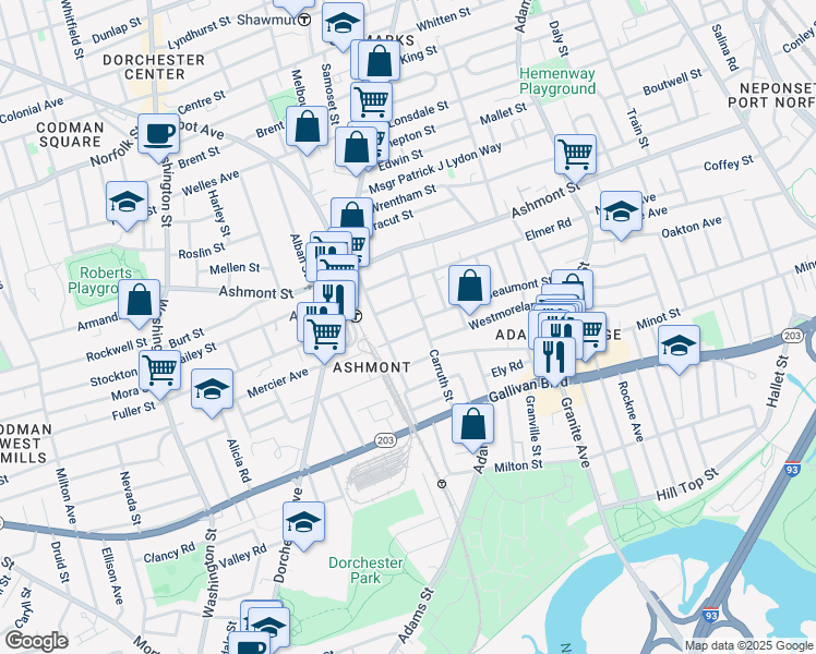 map of restaurants, bars, coffee shops, grocery stores, and more near 41 Carruth Street in Boston