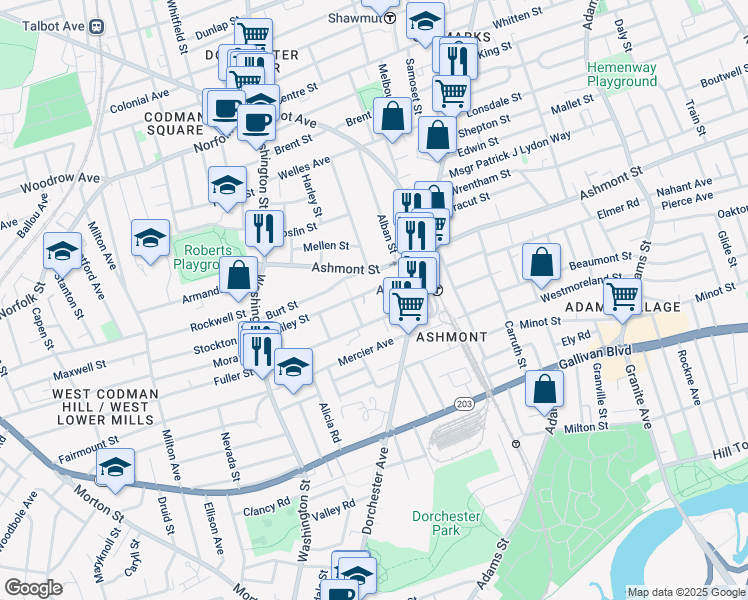 map of restaurants, bars, coffee shops, grocery stores, and more near 12 Clermont Street in Boston